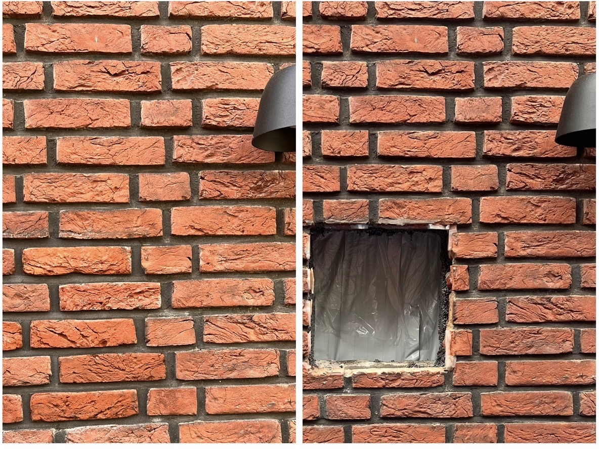 Na en voor van een dichtgezette gevelopening met bijpassende bakstenen